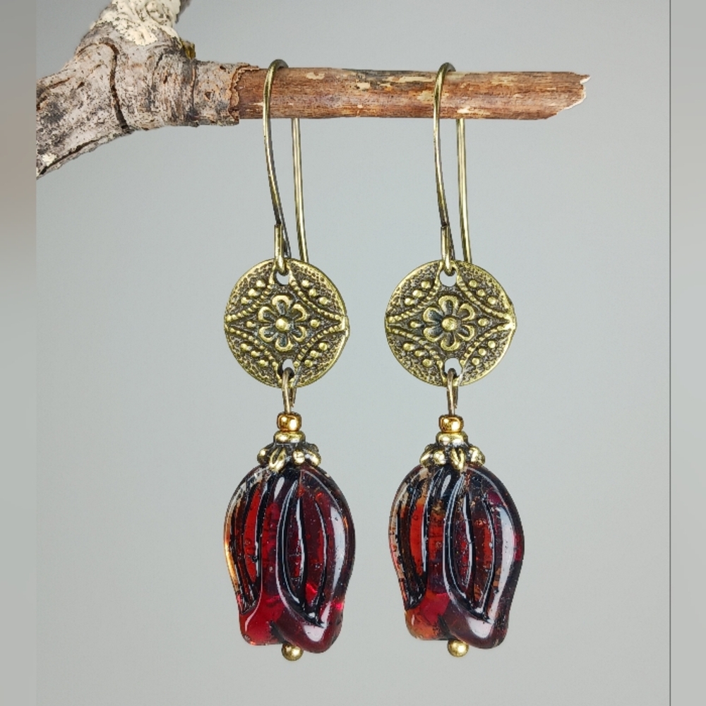 HAND CRAFTED Red Artisan Glass Flower Rustic Brass Dangle Earrings - Picture 2 of 6